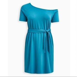 OFF-SHOULDER T-SHIRT DRESS - FRENCH TERRY TEAL